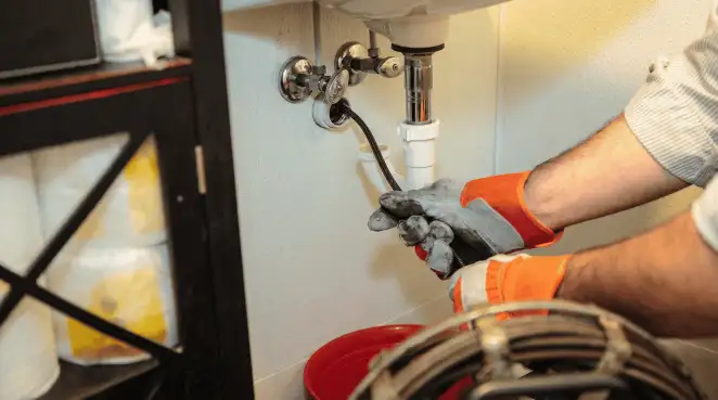 Drain cleaning technician using a motorized plumbing snake to clear a clogged sink pipe in Indianapolis, IN
